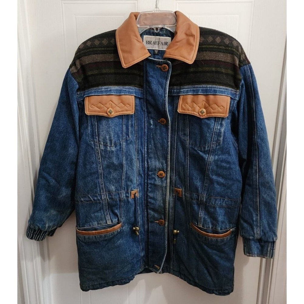 VTG BRAEFAIR Womens Denim Coat Quilt Lined Western Trim Chore Barn Workwear Sz S